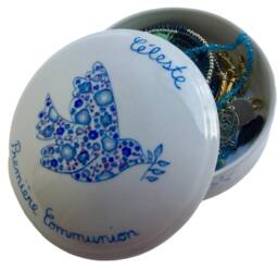 Personalized First Communion Or Confirmation Jewelry Box With Dove & Liberty Blue Print, Hand-Painted Porcelain - thumbnail 1