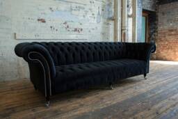 Large 4 Seater Black Velvet Fabric Chesterfield Sofa, British Handmade - thumbnail 1