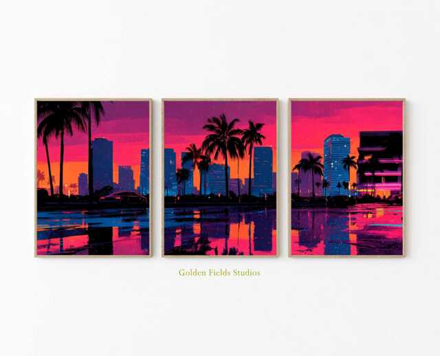 Retro Neon City Sunset Poster Set Of 3 Vaporwave Skyline Wall Art - image 1