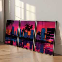 Retro Neon City Sunset Poster Set Of 3 Vaporwave Skyline Wall Art - thumbnail 2