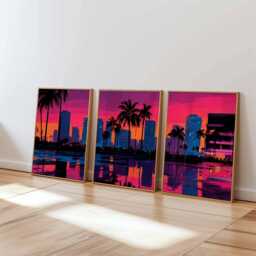 Retro Neon City Sunset Poster Set Of 3 Vaporwave Skyline Wall Art - thumbnail 3