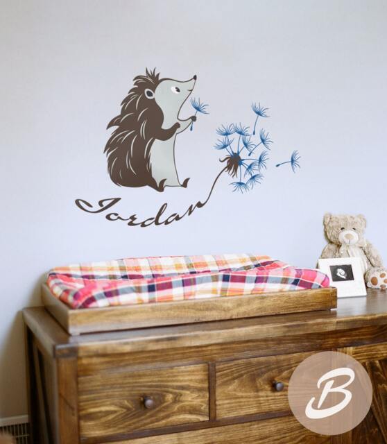 Nursery Wall Name Decal Hedgehog & Blowball Decor Vinyl Sticker With Custom Kids Room -Ai004 - image 1