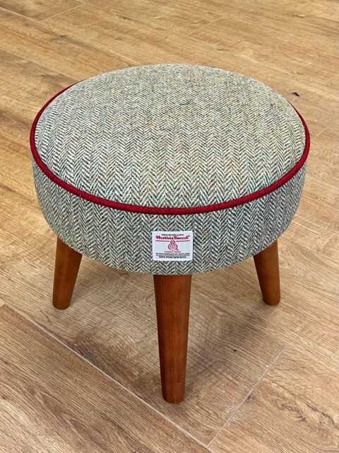 Harris Tweed Herringbone Footstool With Red Piping & Dark Varnished Wooden Legs - image 1