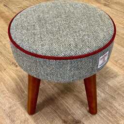 Harris Tweed Herringbone Footstool With Red Piping & Dark Varnished Wooden Legs - thumbnail 3