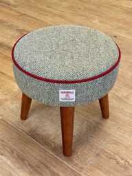 Harris Tweed Herringbone Footstool With Red Piping & Dark Varnished Wooden Legs