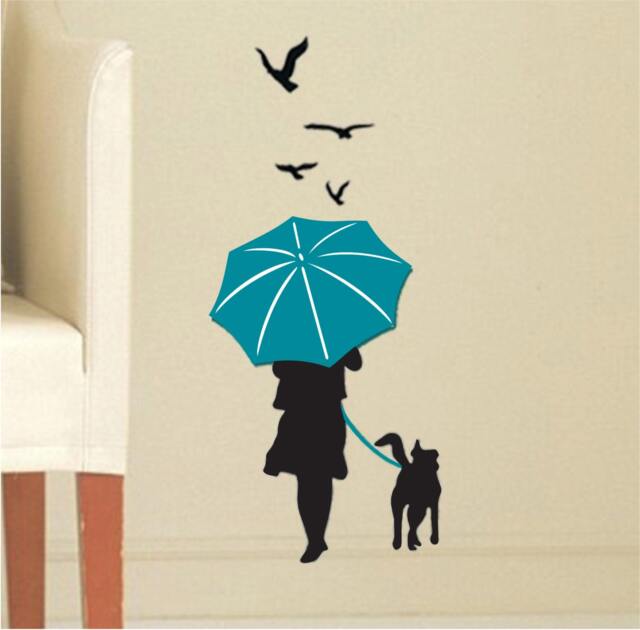 Vinyl Wall Decal - Woman With Dog & Umbrella in The Rain 2 Colors Home Decor - image 1