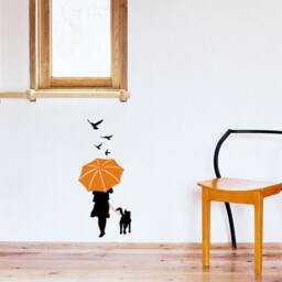 Vinyl Wall Decal - Woman With Dog & Umbrella in The Rain 2 Colors Home Decor - thumbnail 3