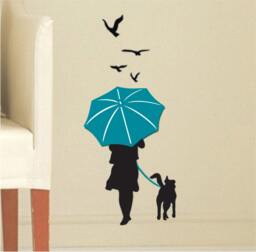Vinyl Wall Decal - Woman With Dog & Umbrella in The Rain 2 Colors Home Decor - thumbnail 1