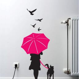 Vinyl Wall Decal - Woman With Dog & Umbrella in The Rain 2 Colors Home Decor - thumbnail 2