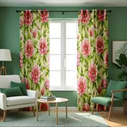 Pink Flower Curtains, Green Botanical Drapes, Made To Measure Window Panels For Modern Home & Bedroom Decor - thumbnail 2