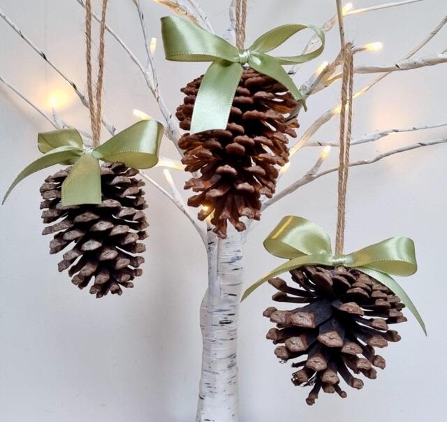 Pine Cone Christmas Tree Decorations Sage Satin Bow, Set Of 3 - image 1