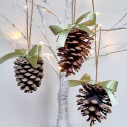 Pine Cone Christmas Tree Decorations Sage Satin Bow, Set Of 3 - thumbnail 3