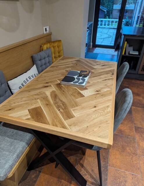 Handmade Oak Parquet Dining Table Or Desk & Industrial Style Legs Chevron Wooden - image 1