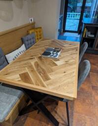 Handmade Oak Parquet Dining Table Or Desk & Industrial Style Legs Chevron Wooden - thumbnail 1