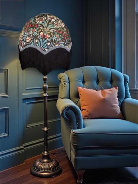 William Morris Floral Curtains Fabric Dome Lampshade Slate Blue Braid, Black Fringe, Bespoke British Handmade - image 1