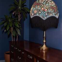 William Morris Floral Curtains Fabric Dome Lampshade Slate Blue Braid, Black Fringe, Bespoke British Handmade - thumbnail 3
