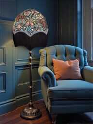Handcrafted William Morris Floral Fabric Dome Lampshade Slate Blue Braid, Black Fringe, British Handmade