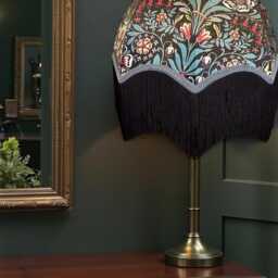 William Morris Floral Curtains Fabric Dome Lampshade Slate Blue Braid, Black Fringe, Bespoke British Handmade - thumbnail 2