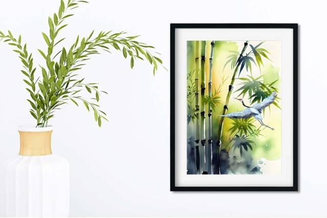 Japanese Crane Watercolour Print, Bamboo Botanical Wall Art - image 1
