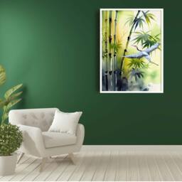 Japanese Crane Watercolour Print, Bamboo Botanical Wall Art - thumbnail 3