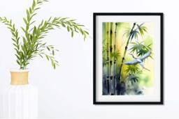 Japanese Crane Watercolour Print, Bamboo Botanical Wall Art - thumbnail 1