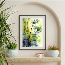 Japanese Crane Watercolour Print, Bamboo Botanical Wall Art - thumbnail 2