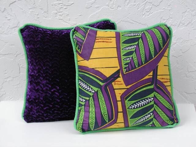 Purple Velvet Pillow, Abstract Print With Neon Green Trim, Home Decor - image 1