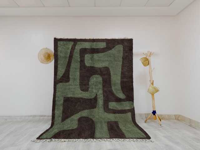 Modern Abstract Moroccan Rug - Brown & Olive Green Bold Shapes Graphic Handmade Wool Shag Rug, Beni Ourain Inspired Carpet - image 1