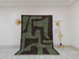 Modern Abstract Moroccan Rug - Brown & Olive Green Bold Shapes Graphic Handmade Wool Shag Rug, Beni Ourain Inspired Carpet - thumbnail 1