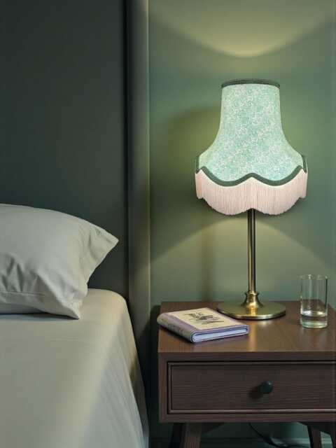 Handcrafted William Morris Green Bluebell Fabric Scalloped Lampshade Dark Braid & Cream Fringe - image 1
