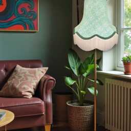 Handcrafted William Morris Green Bluebell Fabric Scalloped Lampshade Dark Braid & Cream Fringe - thumbnail 3