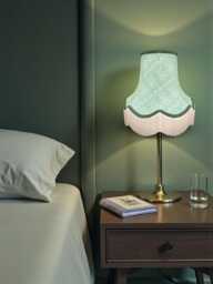 Handcrafted William Morris Green Bluebell Fabric Scalloped Lampshade Dark Braid & Cream Fringe - thumbnail 1