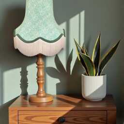 Handcrafted William Morris Green Bluebell Fabric Scalloped Lampshade Dark Braid & Cream Fringe - thumbnail 2