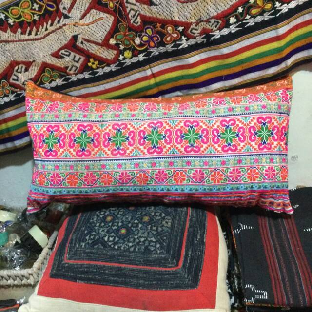 Vintage Handmade Tribal Hmong Batik Embroidered Cotton Pillow Cover - image 1