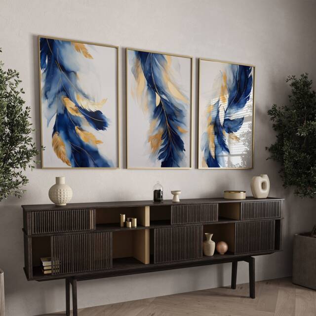 Navy Blue & Gold Feather Wall Art - Set Of 3 Room Decor Floral - image 1