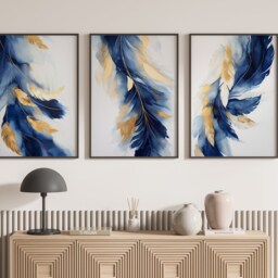 Navy Blue & Gold Feather Wall Art - Set Of 3 Room Decor Floral - thumbnail 2