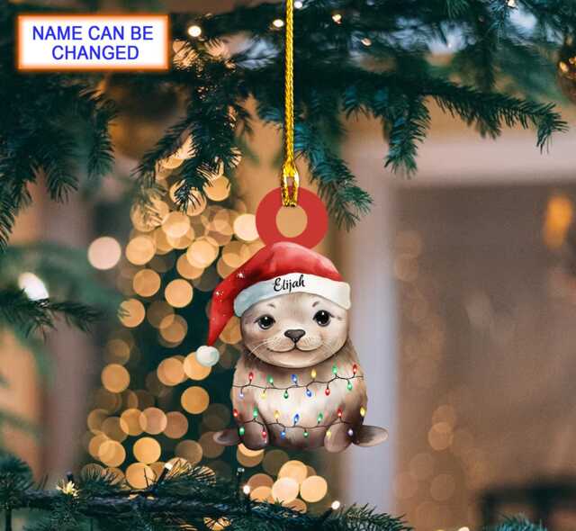 Custom Name Seal Xmas Personalized Ornament, Christmas Tree Hanging Decor, Flat 2D Lover Gift - image 1