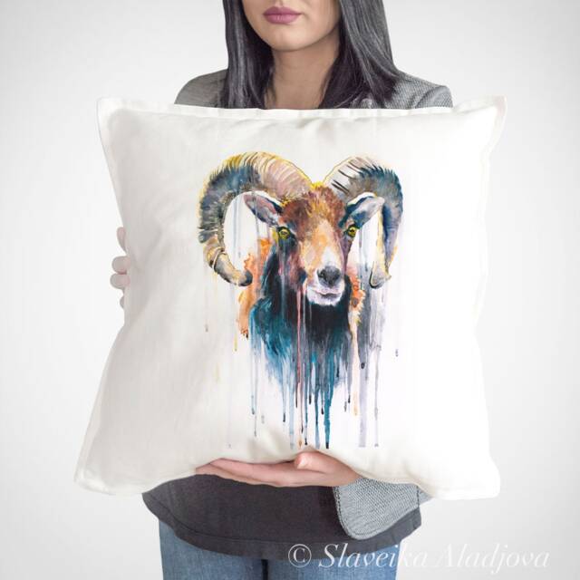 Mouflon Throw Pillow Cover By Slaveika Aladjova, Cushion Cover, Decorative Pillow Cover, Animal Art, Watercolor Pillow, Christmas Gift - image 1