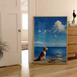 Beagle Beach Print, Coastal Dog Wall Art, Oil Painting Style - thumbnail 2