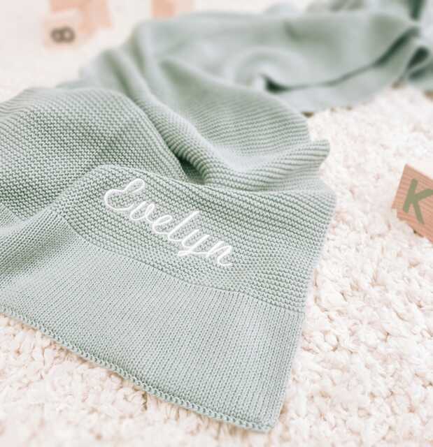 Sage Baby Blanket, Personalized Embroidered Name, 100% Cotton - image 1