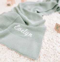 Sage Baby Blanket, Personalized Embroidered Name, 100% Cotton