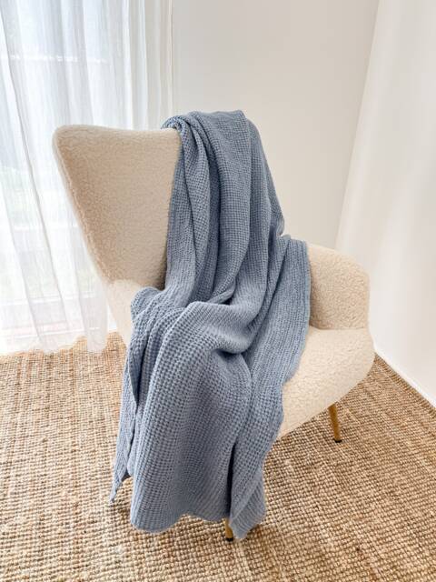 Dusty Blue Waffle Linen Throw Blanket. Soft Stonewashed Sofa Throw. Cozy Couch Cover. Scandinavian Coastal Home Decor - image 1