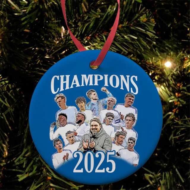 Leeds Utd Champions 2025 Christmas Tree Decoration Bauble Flat Ceramic Great Gift For Fans Football Gifts