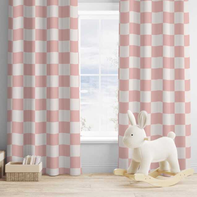 Curtains - Pink & White Checkered, Blackout Or Non Blackout, With Eyelets, Pencil Pleat Rod Pocket, Home Decor, Bedroom - image 1