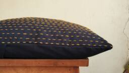 Indigo Block Print Cotton Pillow Cover, Yellow Kantha Embroidery, Minimalist Decor - thumbnail 1