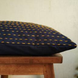 Indigo Block Print Cotton Pillow Cover, Yellow Kantha Embroidery, Minimalist Decor - thumbnail 2