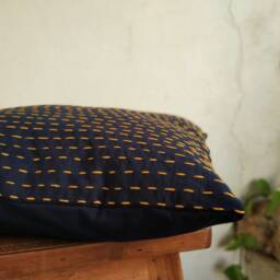 Indigo Block Print Cotton Pillow Cover, Yellow Kantha Embroidery, Minimalist Decor - thumbnail 3