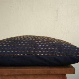 Indigo Block Print Cotton Pillow Cover, Yellow Kantha Embroidery, Minimalist Decor - thumbnail 4