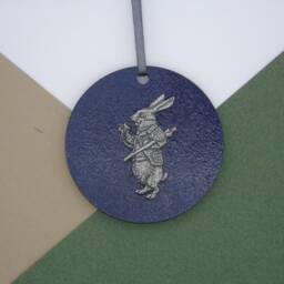 White Rabbit Wooden Disk Decoration - Alice in Wonderland Christmas Handmade Victorian Unique Gift - thumbnail 2