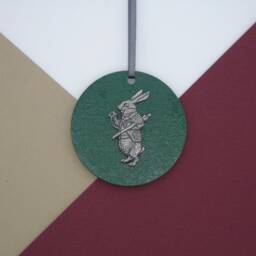White Rabbit Wooden Disk Decoration - Alice in Wonderland Christmas Handmade Victorian Unique Gift - thumbnail 3